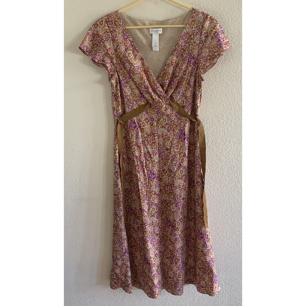LIZ CLAIBORNE Floral Silk V-Neck Dress Sz 12 Flutter Sleeve Lined Wedding Guest